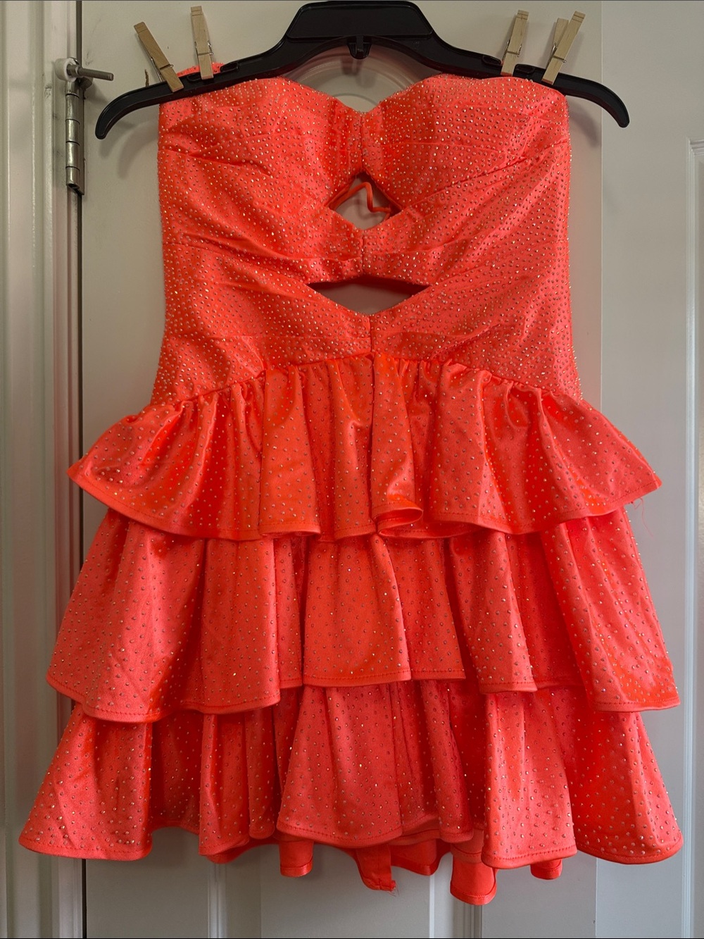 Strapless Neon Coral Ruffle Prom Dress with Cutout Waist